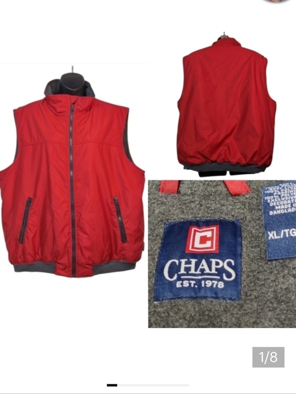 Chaps Est. 1978 Men's Red ZIP Up Fleece Lined Jacket Vest Size XL